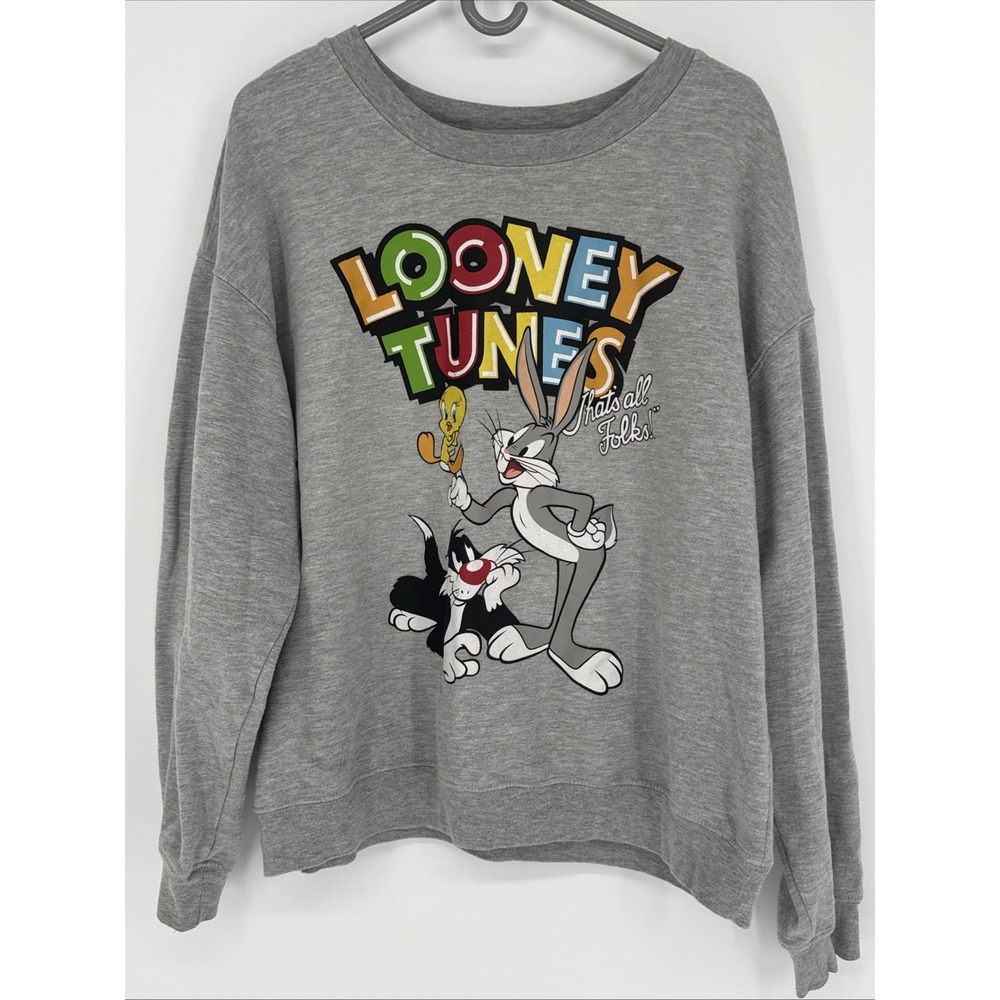 Looney Tunes Sweatshirt XXL Bugs Bunny Tweety Sylvester Gray Crewneck Pullover